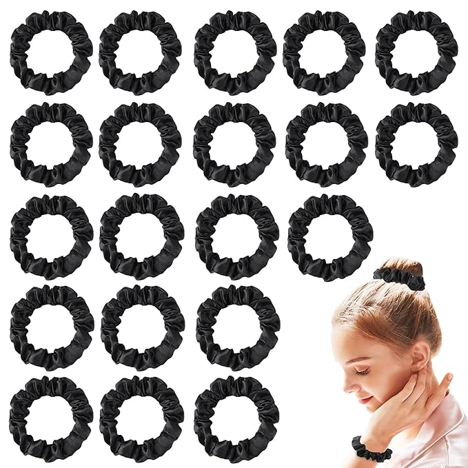 Satin Silk Scrunchies Hiar Ties for Women Girls Ponytail Holders 20 Pcs Mini Black Bulk Scrunchies Elastic Hair Bands for Thick Curly Hair Pony Tails Hair Ties