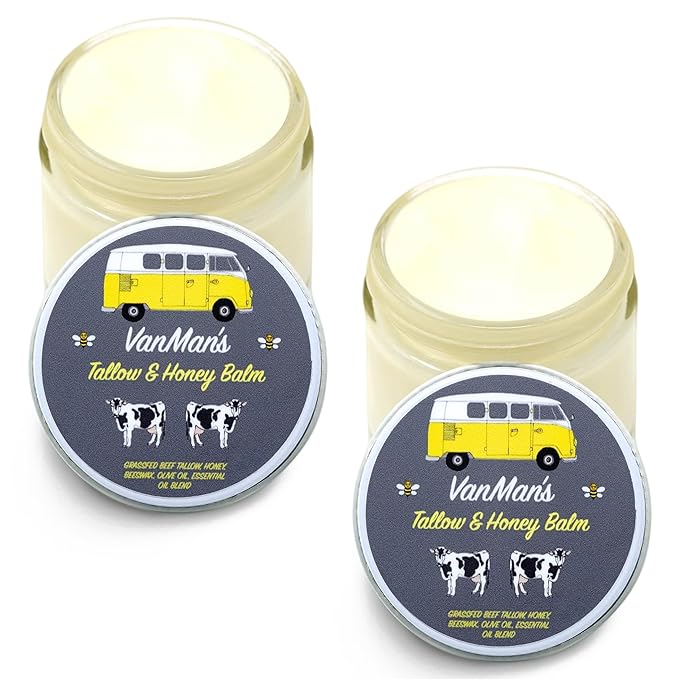 Vanman's Tallow and Honey Balm (2 Pack) - Tallow Face Moisturizer with Pure Grass-Fed/Finished Beef Tallow for Skin and Essential Oils, Organic Raw Honey and Beeswax, Cold Pressed Olive Oil - 2 oz
