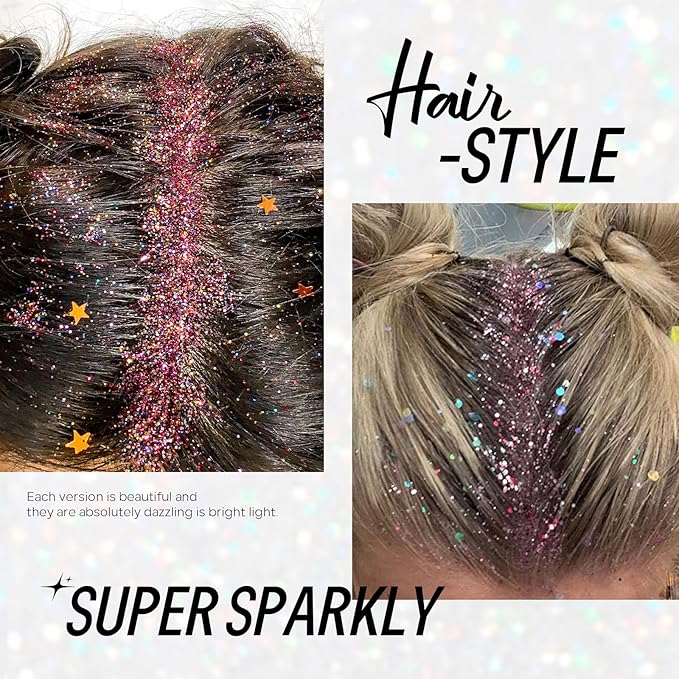 Pink Face and Body Hair Glitter Gel, Party Concerts Cheer Face Paint Holographic Chunky Festival Rave Accessories Glitter Makeup, 6 Kinds of Sparkling Sequins for Hair Nail Eye Lip Body