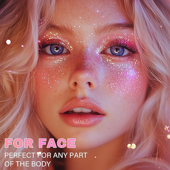 Roll-on Face Body Glitter Gel for Women and Kids, 50ml Large Capacity Holographic Chameleon Color Changing Glitter Gel Shimmer Makeup for Singer Concert Festival Rave Accessories, Holographic Pink