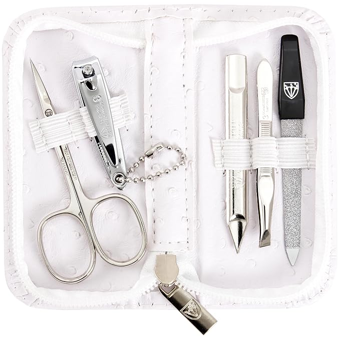3 Swords Germany - brand quality 5 piece manicure pedicure grooming kit set with synthetic leather case ostrich white - Made in Germany