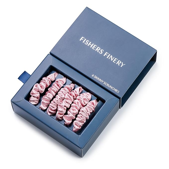 Fishers Finery 25 Momme Pure Mulberry Silk Skinny Scrunchies | Hair Tie Set for Thin Hair (Pink- 6 Pk)