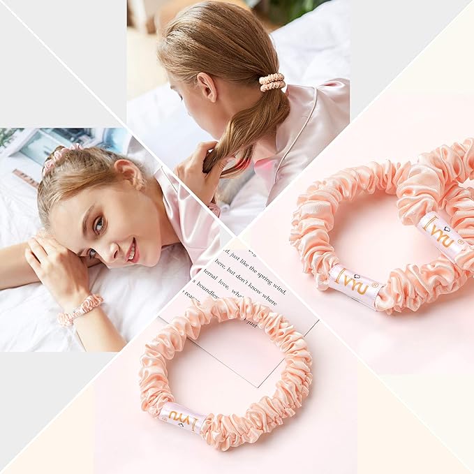 Scrunchies Silk Satin Hair Ties - Small Mini Thin Elestics Ponytail Holder Hair Bands Skinny Scrunchy For Thick Curl Hair No Crease Hair Ties Soft Accessories No Hurt Your Hair for Women and Girls