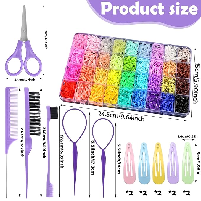 36 Colors Hair Rubber Bands for Hair, 2500 Pcs Elastic Hair Bands with 11 Hair Styling Tools, Colorful Elastic Hair Ties Toddler Hair Accessories for Girls Kids Christmas Gifts for Girls