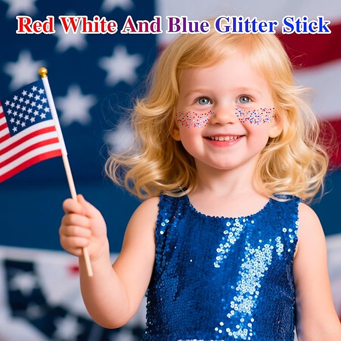 MEICOLY Red White and Blue Face Body Glitter Stick,Hair Glitter Stick for Women,Sparkle Patriotic Pride Chunky Glitter Makeup for Memorial Day,4th of July Accessories Outfits for Women