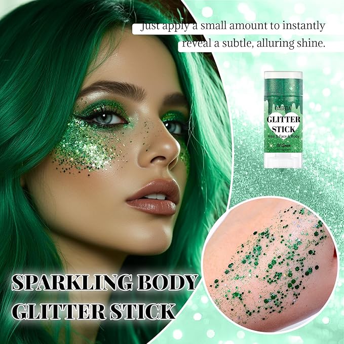 DAGEDA Green Body Glitter Stick,St Patricks Day Accessories,Sparkly Green Face Glitter Makeup,Holographic Hair Glitters St Patricks Day Costumes for Women, Shimmer Face Paint Stick for Carnival Party