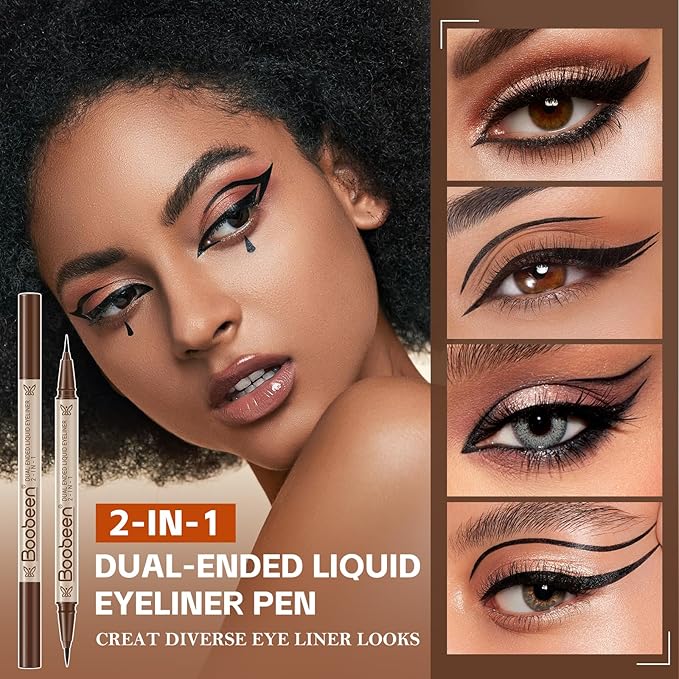 Boobeen 2pcs Liquid Eyeliner，Dual-Ended Eye Liner with Thick Tip and Precise Brush Tip，Waterproof Black Liquid Liner Pen，Matte Finish，All Day Wear，Smudge-proof,Brown