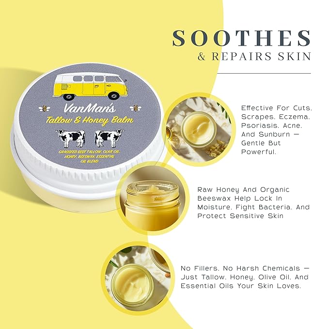 Vanman’s - Tiny Tallow and Honey Balm - Pocket-Size Face Moisturizer with Honey and Grass-Fed/Finished Beef Tallow - Grass-Fed/Finished Beef Balm with Vitamins A, K, D, E, and Essential Oils - 0.25 oz