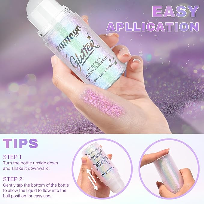 Roll-on Face Body Glitter Gel for Women and Kids, 50ml Large Capacity Holographic Chameleon Color Changing Glitter Gel Shimmer Makeup for Singer Concert Festival Rave Accessories, Sparkling Pink