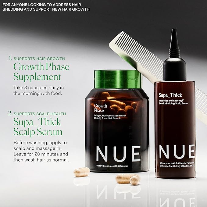 The Nue Co. Supa Thick Hair Serum - Lightweight Topical Hair Supplement for Growth & Reduced Shedding - Vegan Density Building Scalp Serum for All Hair Types | 4 oz (100 mL)