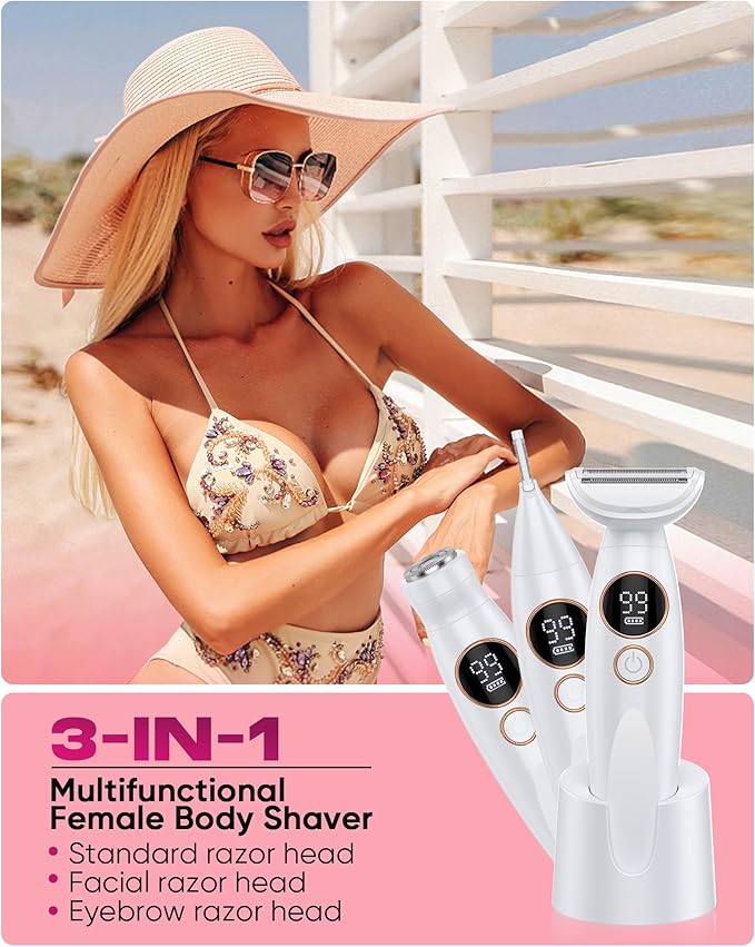 3 in 1 Bikini Trimmer for Women, Electric Razors for Women with Display, Painless Bikini Trimmer, USB Charging, Electric Shaver for Woman,Shaver for Woman for Face, IPX7 Waterproof,White