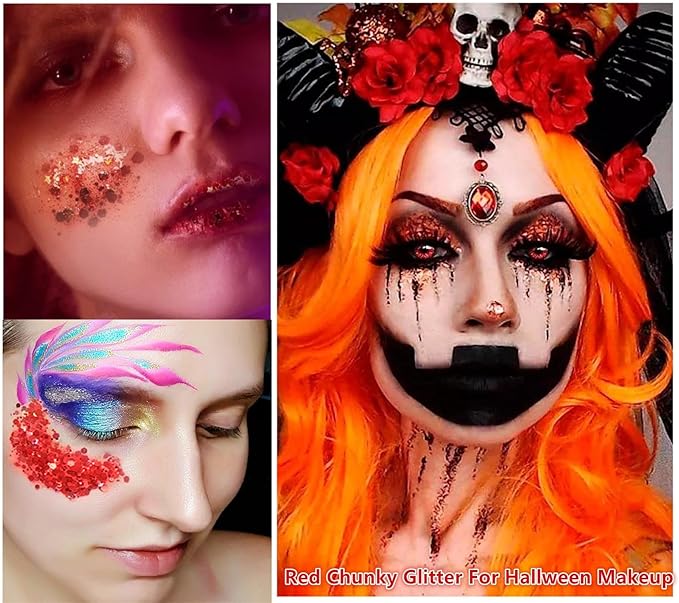 Go Ho Red and White Body Glitter Set,Singer Concerts Face Glitter Gel Makeup,Holographic Long Lasting Chunky Sequins Glitters for Eye Lip Hair Nails,Festival Rave Accessories,Red&White