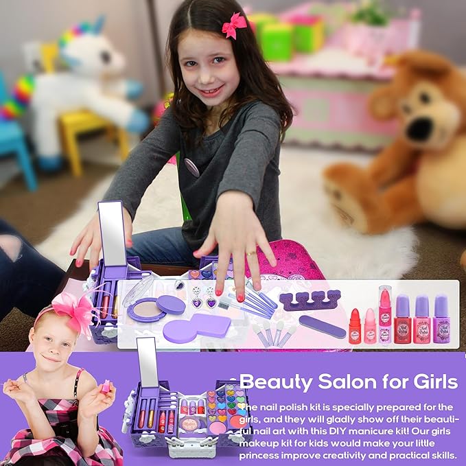 Kids Makeup Sets for Girls - 52 PCS Safe and Washable Makeup for Kids, Real Toddler Makeup Kit with Cosmetic Case, Girls Toys Age 4-12, Princess Toys Birthday Gifts(Dark Purple)