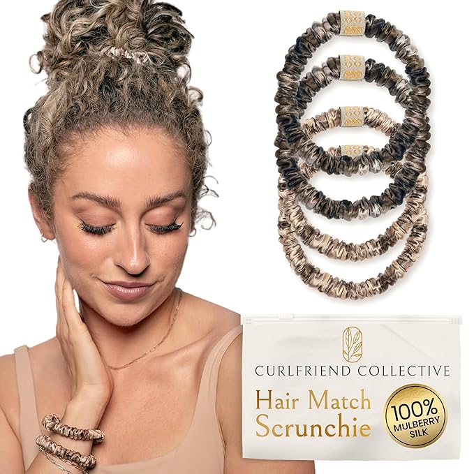 Authentic Mulberry Silk Skinny Hair Match Scrunchies for Women, Anti Breakage Hairties for Curly Thick & Thin Hair, 100% Silk for Buns, Sleep & Ponytail, Cool Blonde/Bronde (4 Pack)