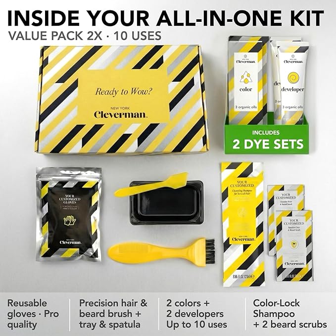 2X Pack Cleverman Hair & Beard Dye Kit for Men, All-in-One Reusable Mens Hair Color, Natural Gray Coverage, Ammonia-Free Beard Mustache Dye for Men (Dark Brown)