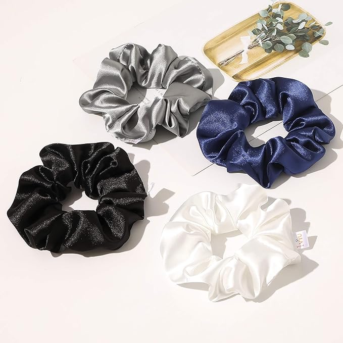 Ivyu Scrunchies, 4 Pack Silk Scrunchy for Girls Women Cute Hairties Hair Accessories Soft Ropes Ponytail Holder, White, Black, Navy, Gray