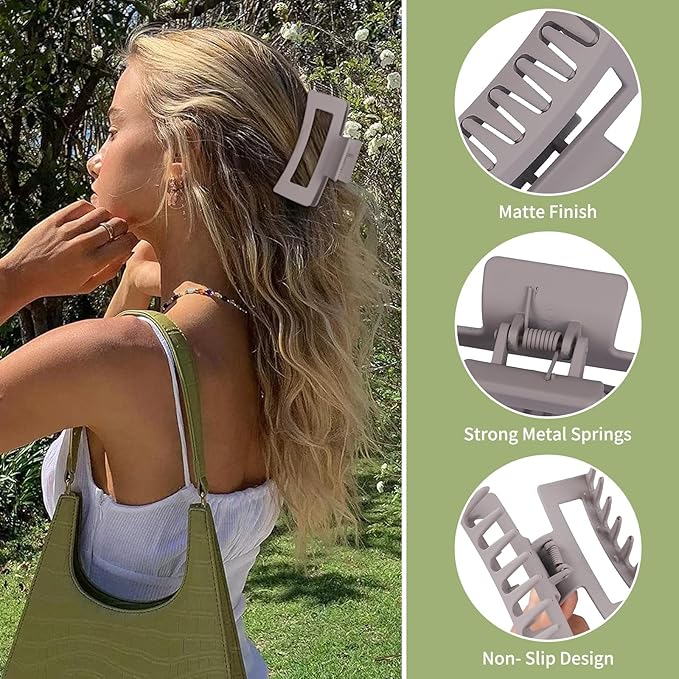 Square Hair Clips 3.5 Inch Medium Claw Clips Rectangle Hair Claw Clips 6 Pack Rubber Paint Jaw Non-Slip Thick Hair Accessories for Women Girls -Chocolate