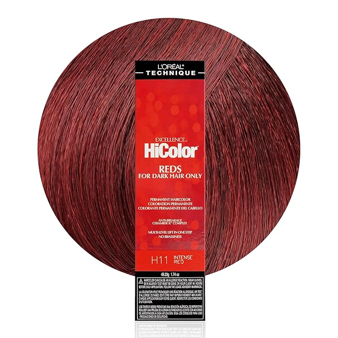 L'OREAL TECHNIQUE HiColor Reds Permanent Hair Color - Lifts Dark Hair in One Step Leaving No Brassiness, Rich & Smooth Creme Formula, Intense & Long-Lasting Color, H11 Intense Red