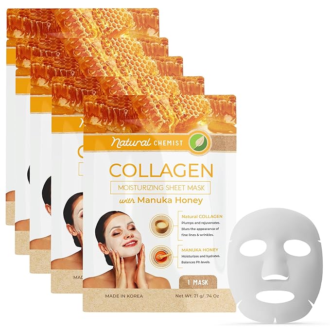Collagen & Manuka Honey Sheet Face Mask - Anti-Aging, Hydrating, Skin Firming, Reduces Fine Lines, Dermatologist Tested, Cruelty Free Korean Skin Care For All Skin Types - 5 Masks