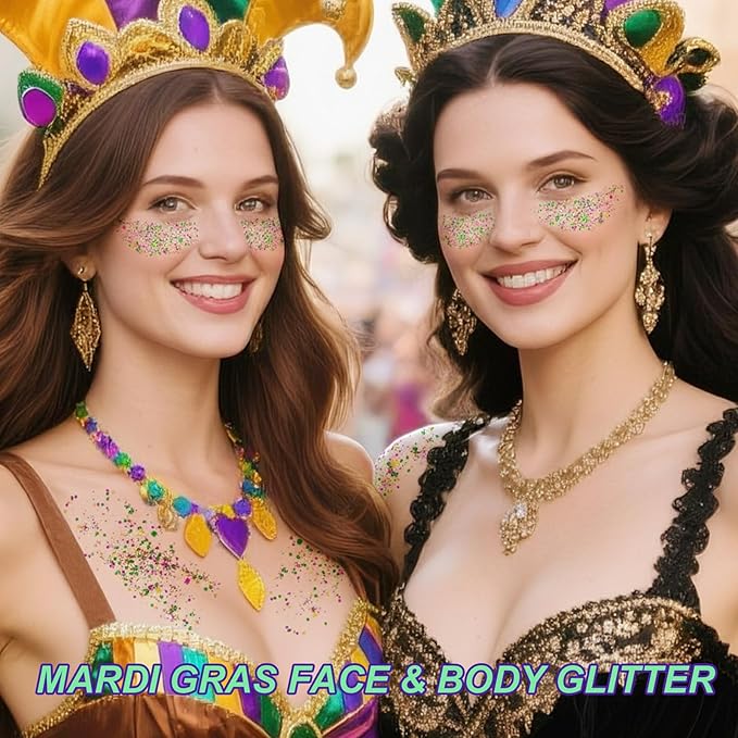 Mardi Gras Gold Hair Face Glitter,Mardi Gras Outfit for Women,Green Purple Gold Mixed Holographic Body Glitter,Festival Chunky Sequins Carnival Costume New Orleans Decorations