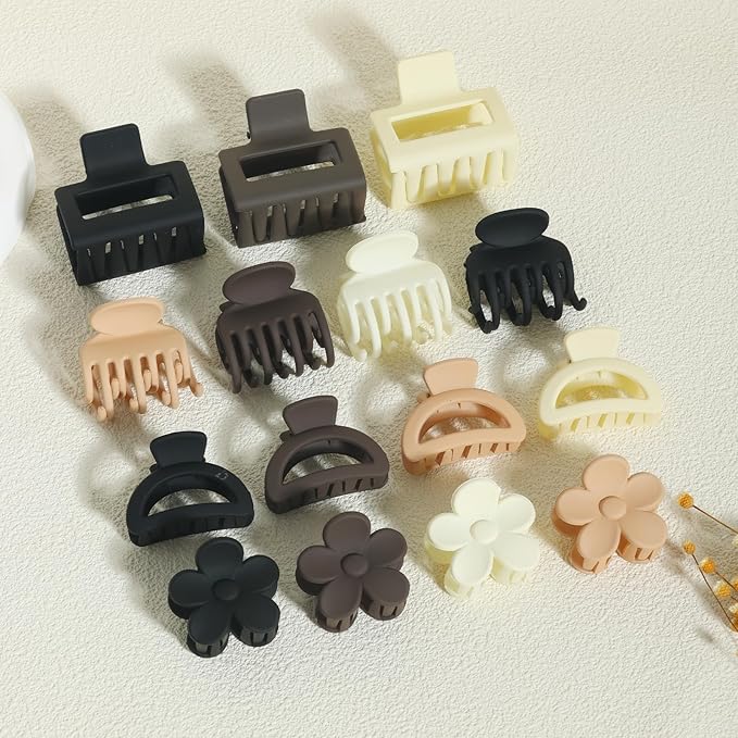 16Pcs Medium Claw Hair Clips for Women Girls,Matte Rectangle Double Row Teeth Flower Semicircle Small Claw Clips for Thin/Medium Thick Hair, Jaw Clips Nonslip Clips (Beige,Khaki,Brown,Black)