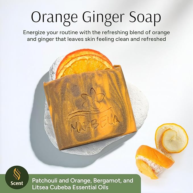 Marbela Cosmetics Orange Ginger Handmade Soap Bar - Made in USA, Vegan Friendly, Palm Oil Free, Natural Bar Soap - Gentle Face & Body Soap for Daily Skin Care, Moisturizing & Nourishing - 3.5 oz