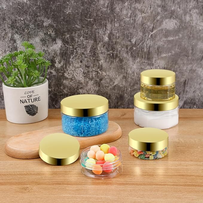 24 Pack 8 Oz Plastic Containers with Gold Lids, Clear Empty BPA Free and Refillable Cosmetic Jars Travel Containers for Creams, Lotion, Bath Salts, Sugar Scrub, Slime, Lip Scrub, Makeup