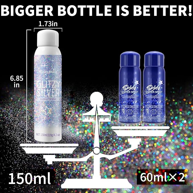 Hair Glitter Body Glitter Spray, 150ML Glitter Hairspray Holographic Silver Glitter Spray for Hair and Body, Hair Glitter for Kids Women, Body Shimmer Festival Makeup 4.2 Fl Oz