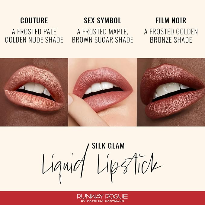 Runway Rogue Silk Glam Liquid Lipstick Lip Trio, Long Wear Frosted Liquid Lipstick Pack, (‘Couture’, ‘Sex Symbol’, ‘Film Noir’)