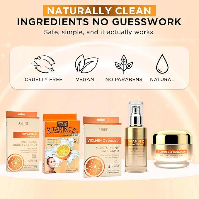 Azure Vitamin C Skincare Bundle: Dermatologist-tested Face Moisturizer, Under Eye Pads, Collagen Masks & Serum. Hydrates, firms, and reduces dark spots for glowing, youthful skin. Made in Korea