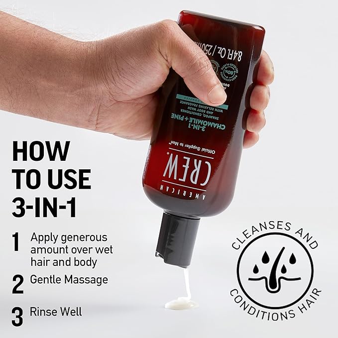 AMERICAN CREW 3-in-1 Chamomile & Pine, Shampoo, Conditioner & Body Wash for Men, Hair Care Gift for Him, Calming and Relaxing Fragrance, 33.8 fl oz