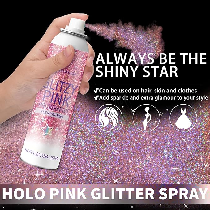 Hair Glitter Body Glitter Spray, 150ML Glitter Hairspray Holographic Pink Glitter Spray for Hair and Body, Hair Glitter for Kids Women, Body Shimmer Festival Rave and Makeup 4.2 Fl Oz