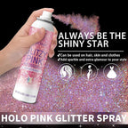 Hair Glitter Body Glitter Spray, 150ML Glitter Hairspray Holographic Pink Glitter Spray for Hair and Body, Hair Glitter for Kids Women, Body Shimmer Festival Rave and Makeup 4.2 Fl Oz
