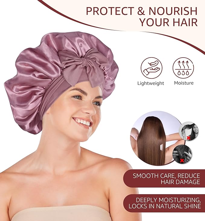 HiRui Silk Satin Bonnet for Sleeping Women, Double-Layer Sleep Cap Shower Cap with Adjustable Tie, Moisture Retaining Satin Lined Hair Bonnet for Curly and Natural Hair (Blush Pink/Pink, Medium)