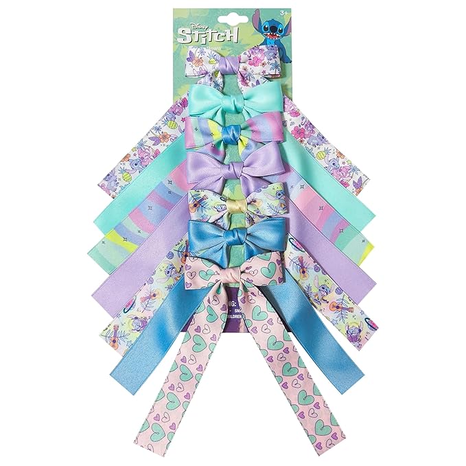 LUV HER Disney Lilo & Stitch Printed Long Tail Hair Bow Set for Girls - Printed Bows with Alligator Clips - Cute Hair Accessories for Kids Ages 3+
