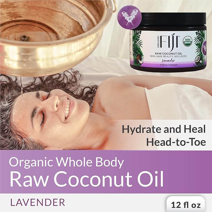 Organic Fiji Raw Cold Pressed Coconut Oil for Hair, Skin, Face & Body | Relaxing Massage Oil | Lavender,12 oz for Women Men & Baby