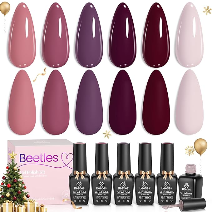 Beetles Burgundy Purple Gel Nail Polish Set - 6 Color Winter Purple Maroon Mauve Plum Gel Polish Kit, Soak Off UV LED Nail Gel for Autumn Manicure Nail Art Gifts for Women