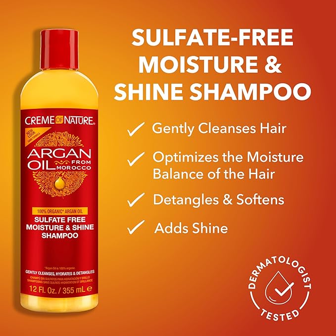 Creme of Nature Sulfate-Free Moisture & Shine Shampoo, Gently Cleanses, Hydrates & Detangles, 100% Pure Argan Oil from Morocco, Gift for Women, 12 fl oz