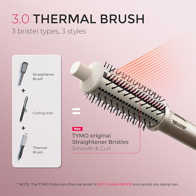 TYMO STYLUX PRO Thermal Brush Curling Brush, 1.5 Inch Blowout Heated Round Volumizer, Hair Straightener and Curler 2 in 1, 800M Negative Ion for Smoother, LCD Display, 5 Temp, Dual Voltage, Gold