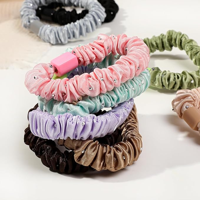Scrunchies Silk Satin Hair Ties - Small Mini Thin Elestics Ponytail Holder Hair Bands Skinny Scrunchy For Thick Curl Hair No Crease Hair Ties Soft Accessories No Hurt Your Hair for Women and Girls