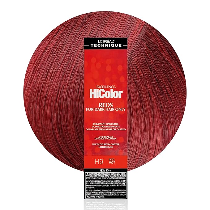 L'OREAL TECHNIQUE HiColor Reds Permanent Hair Color - Lifts Dark Hair in One Step Leaving No Brassiness, Rich & Smooth Creme Formula, Intense & Long-Lasting Color, H9 Red Hot