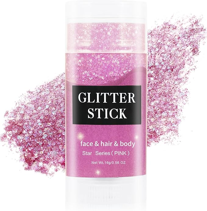 MEICOLY Pink Body Glitter Stick,Pink Face Glitter Sparkly Hair Glitter,Pink Accessories for Spirit Week,Singer Concerts Lover Heart Glitter Makeup,Mermaid Glitter Face Paint,Waterproof