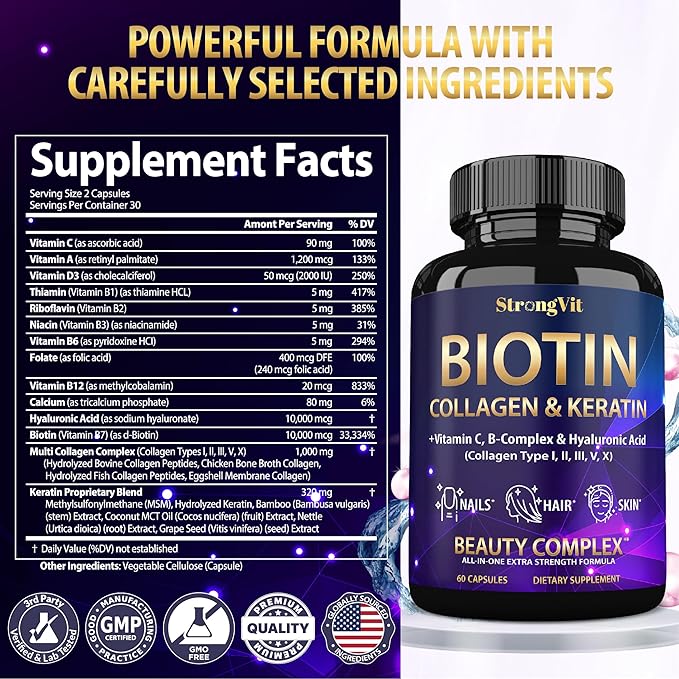 Biotin with Hyaluronic Acid, Keratin, and Collagen Supplements - Hair Growth Vitamins for Women, Healthy Nails and Skin, B1, B2, B3, B6, B7 Complex, USA