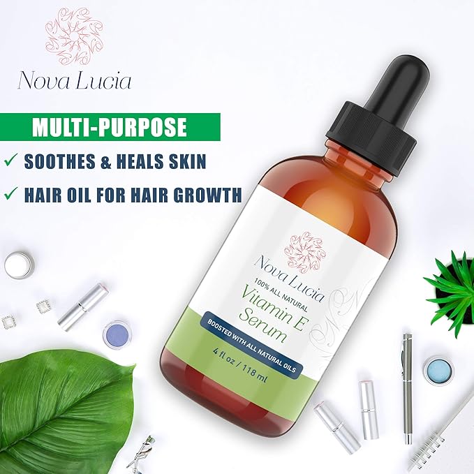 Nova Lucia Organic Vitamin E Oil – Pure Vitamin E for Skin, Face & Hair | Scar & Stretch Mark Treatment, Natural Moisturizer for Soft, Smooth, Hydrated Skin – 4 oz