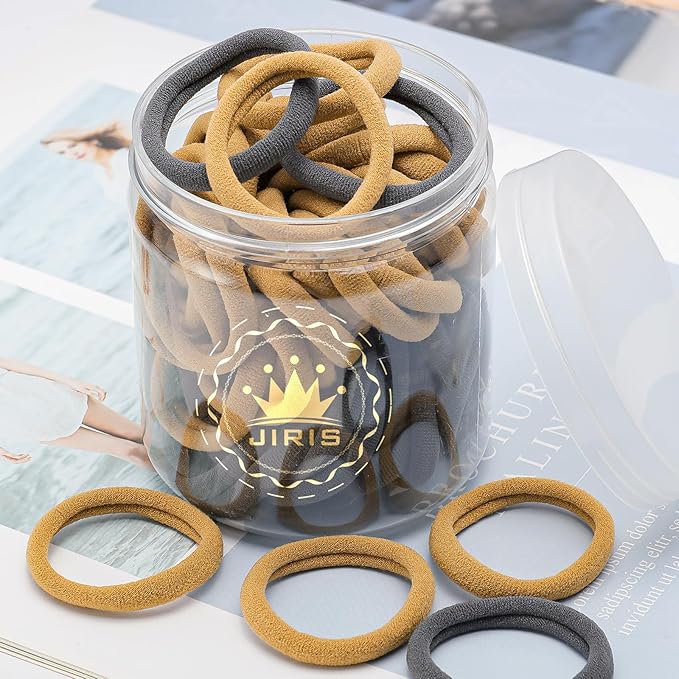 50Pcs Hair Ties for Women Girls,Cotton Seamless Hair Ties, Soft Ponytail Holders,No Crease No Damage Elastics Hair Bands with Box for Thick Heavy and Curly Hair (Camel+Grey)