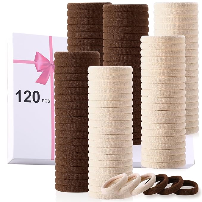 LuSeren 120 Pcs No Damage Thick Hair Ties, Large Soft Seamless Nylon Hair Elastics for Women, Ponytail Holders - Blonde & Brown