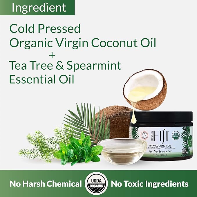 Organic Fiji Raw Cold Pressed Coconut Oil for Hair, Skin, Face & Body | Relaxing Massage Oil | Tea Tree Spearmint,12 oz for Women Men & Baby