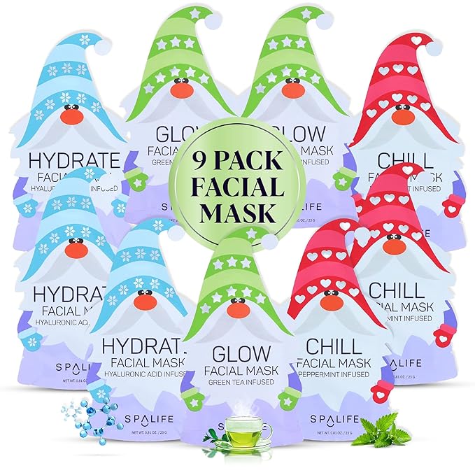 SpaLife Holiday Gnome Facial Masks 9 Pack | Sheet Masks for Skin Rejuvenation, Hydration and Moisturizing Variety Pack | Korean Skin Care Mask, Christmas Face Mask Set