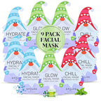 SpaLife Holiday Gnome Facial Masks 9 Pack | Sheet Masks for Skin Rejuvenation, Hydration and Moisturizing Variety Pack | Korean Skin Care Mask, Christmas Face Mask Set