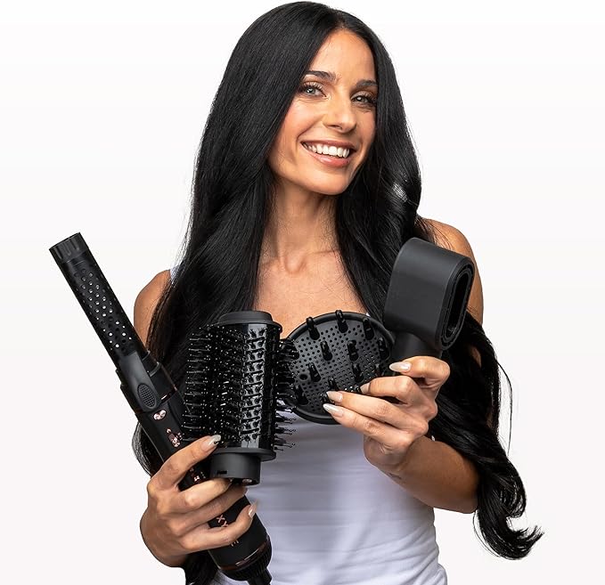 Foxybae Super Styler – 4-in-1 Blow-Dryer Brush Set - Diffuser, Blowout-Brush, 1.25” Curling Barrel & Drying Cylinder - Voluminous, Frizz-Free Hair - Dryer, Straightener & Curler (Black Rose-Gold)